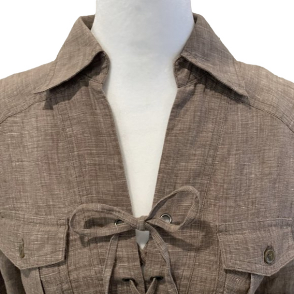 Tommy Bahama Brown Linen Dress w/ tie front, spread collar, roll sleeve size XXS - Picture 3 of 7